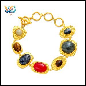 Adjustable Sliding Knot Bracelet, Faux Gemstone Beads, 18K Gold Plated‎ Brass